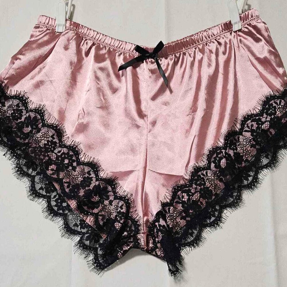 No Label - Women’s Pink Satin Pajama Shorts with Black Lace Trim